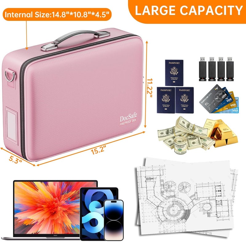 DocSafe Fireproof Document Box with Lock＆Shoulder Strap,Hard Case File Organizer with Accordion File Folder,Multi-Layer Portable Home Office Travel Safe Storage for Important Documents Laptop Pink - Image 5